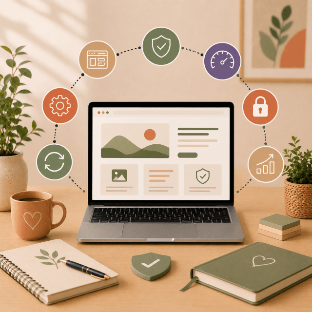 Laptop displaying a business website surrounded by icons representing content updates, website security, performance and ongoing maintenance