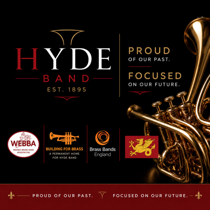 Logo for Hyde Band featuring trumpets and the text "Proud of our Past, Focused on our Future."