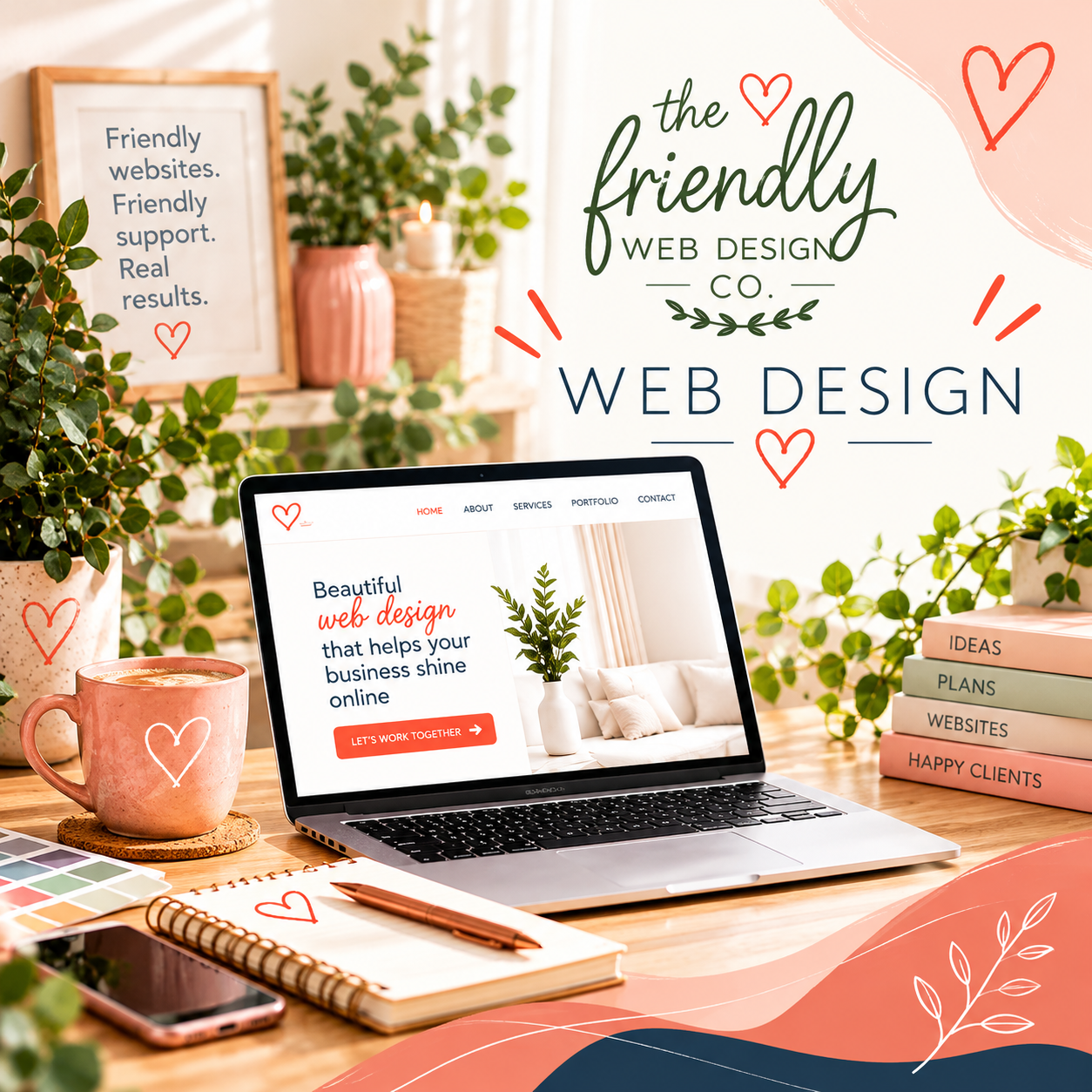 Personal Website Design Consultation | The Friendly Website Co. Friendly web designer discussing a bespoke small business website with a client, using a laptop to demonstrate a modern design and personali