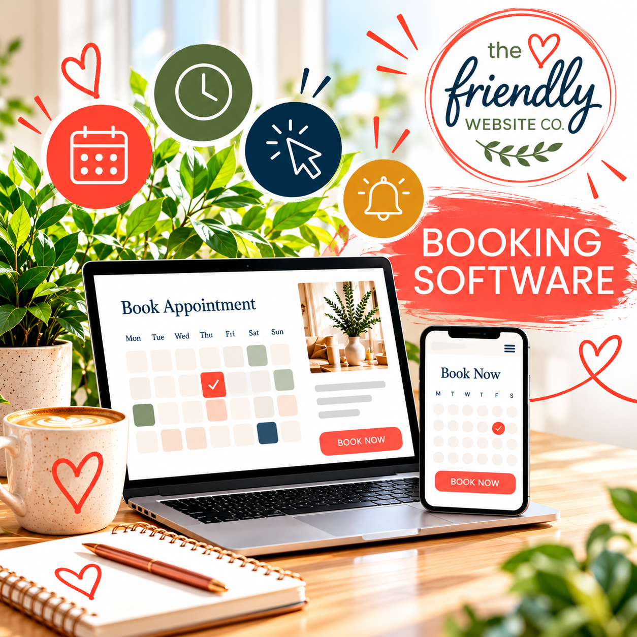 Online Appointment Booking Systems & Automated Reminders Laptop showing an online appointment booking calendar, surrounded by icons illustrating automated email and SMS reminders, online payments,