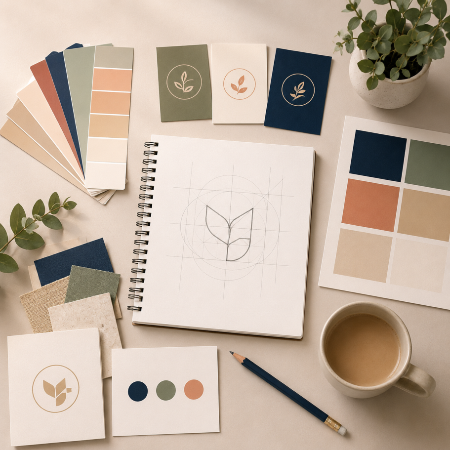 A design workspace featuring colour swatches, sketches, and a coffee cup.
