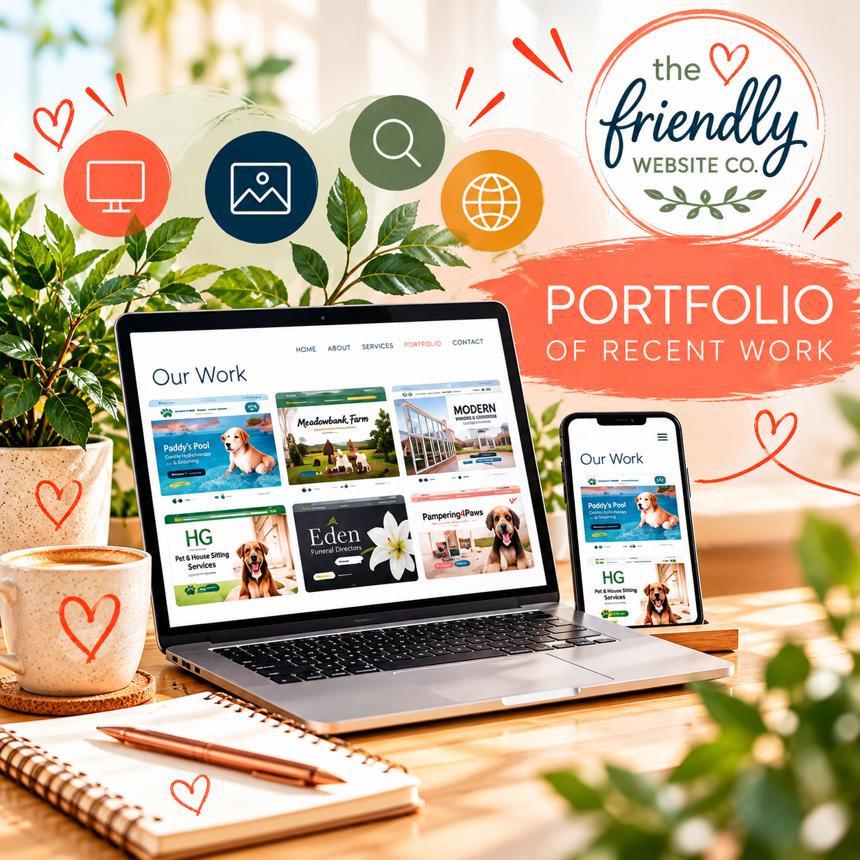 ocial Media Content Planning & Management | The Friendly Website Co. Social media content planning workspace featuring a laptop with branded posts, a smartphone displaying a social media feed and a monthly