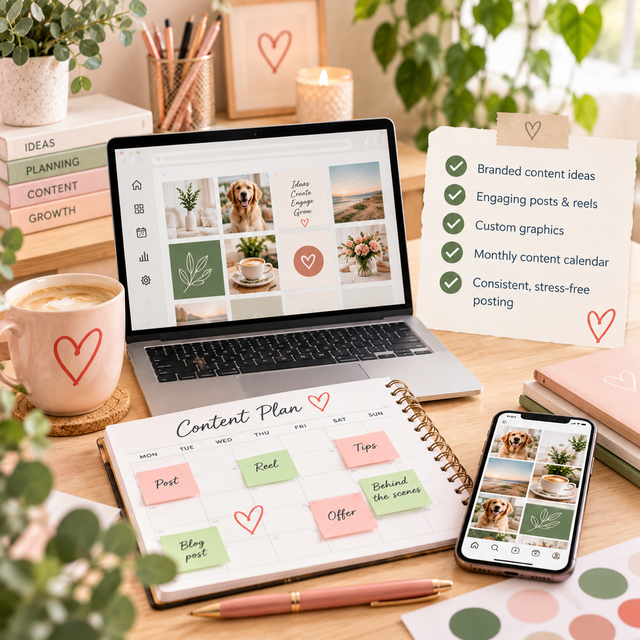 Affordable Monthly Social Media Management Plans | The Friendly Website Co. Monthly social media plans and management graphic featuring a laptop and smartphone displaying branded posts, with Facebook, Instagram