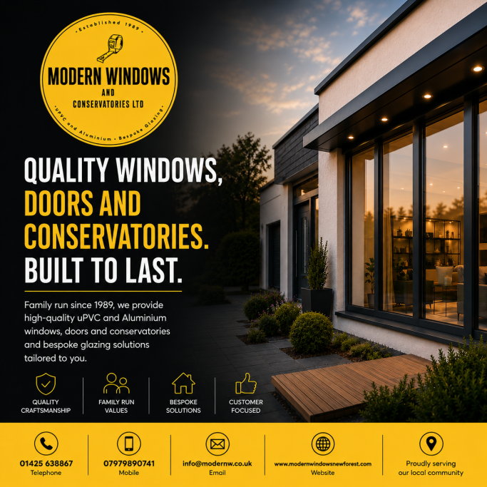 Modern building façade showcasing large windows and a sunset backdrop, promoting quality installations.