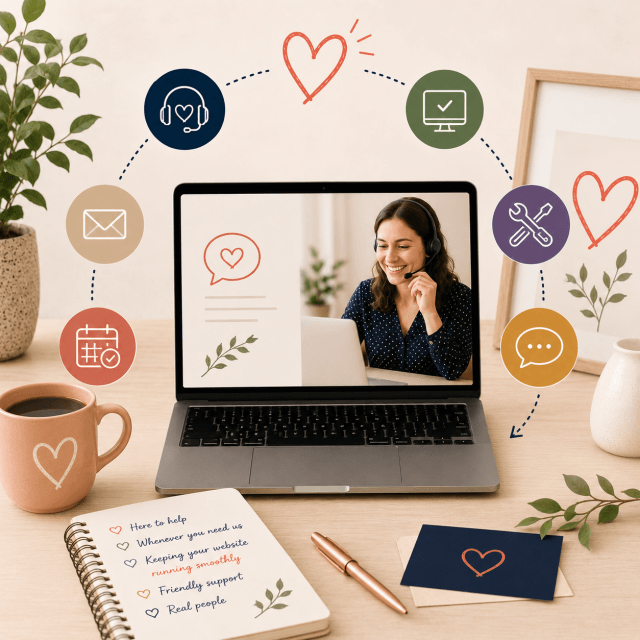 Customer support adviser wearing a headset on a laptop screen, surrounded by icons for technical assistance, email support and website help.