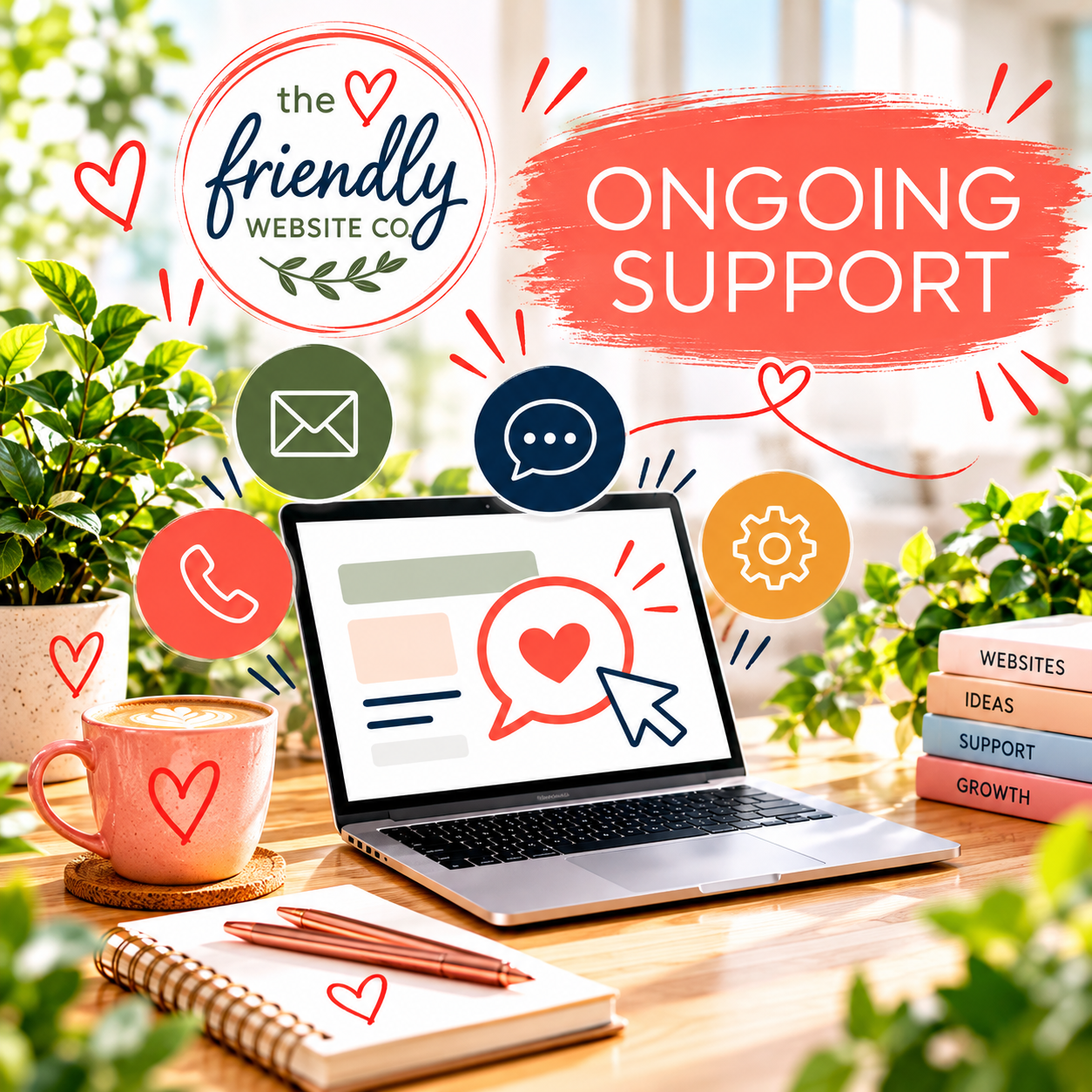 Friendly Ongoing Website Support & Advice | The Friendly Website Co. The Friendly Website Co. support banner featuring a laptop displaying a business website, the message “We're Here When You Need Us” and book