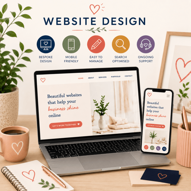 Website design illustration showing a laptop and smartphone with bespoke, mobile-friendly websites and icons for SEO and ongoing support