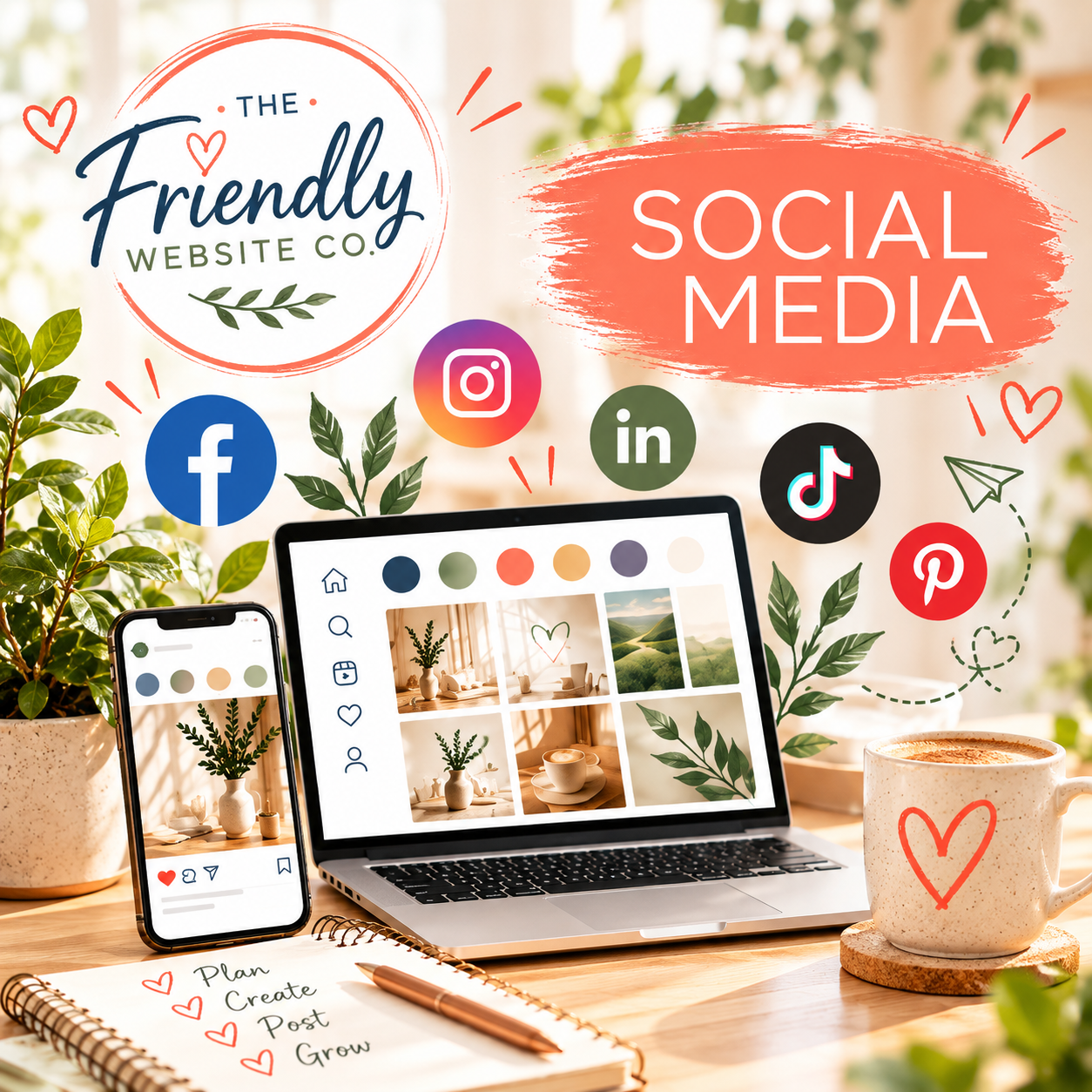 ocial Media Content Planning & Management | The Friendly Website Co. Social media content planning workspace featuring a laptop with branded posts, a smartphone displaying a social media feed and a monthly