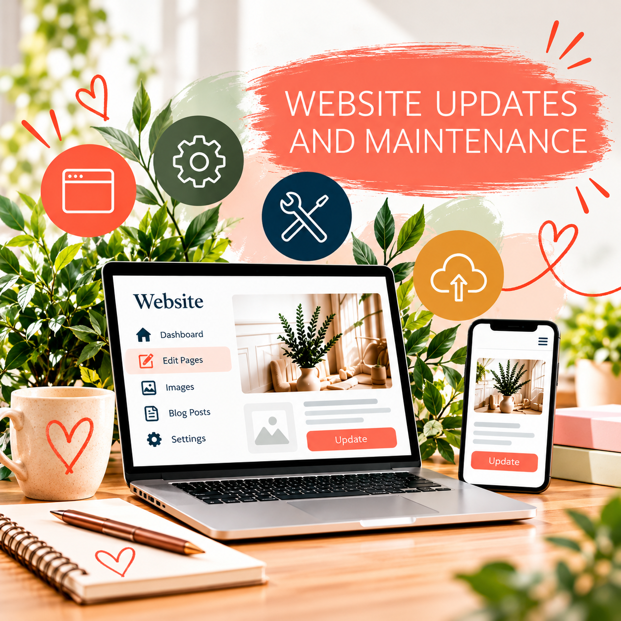 Small Business Website Maintenance & Security | The Friendly Website Co. Laptop displaying a professional website with surrounding icons for security, software updates, performance monitoring, website improvements