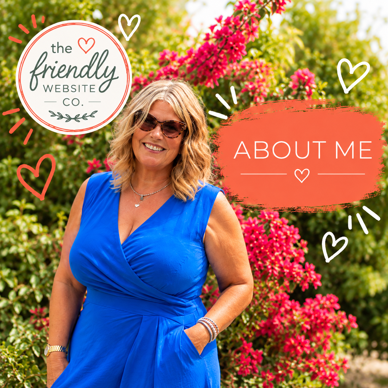 Meet Niki | Friendly Web Designer in Ringwood Niki, founder of The Friendly Website Co. in Ringwood, smiling in a garden beside the company logo and an About Me banner.