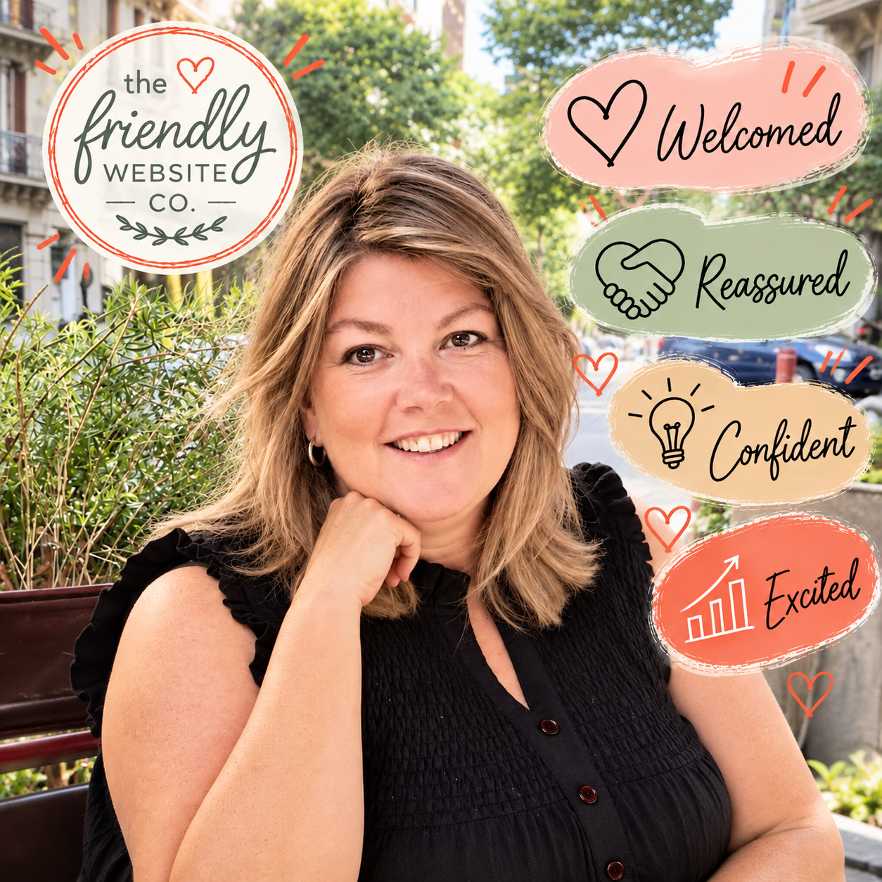 My Ethos | Friendly, Personal Website Design Niki from The Friendly Website Co. smiling outdoors alongside the words Welcomed, Reassured, Confident and Excited.