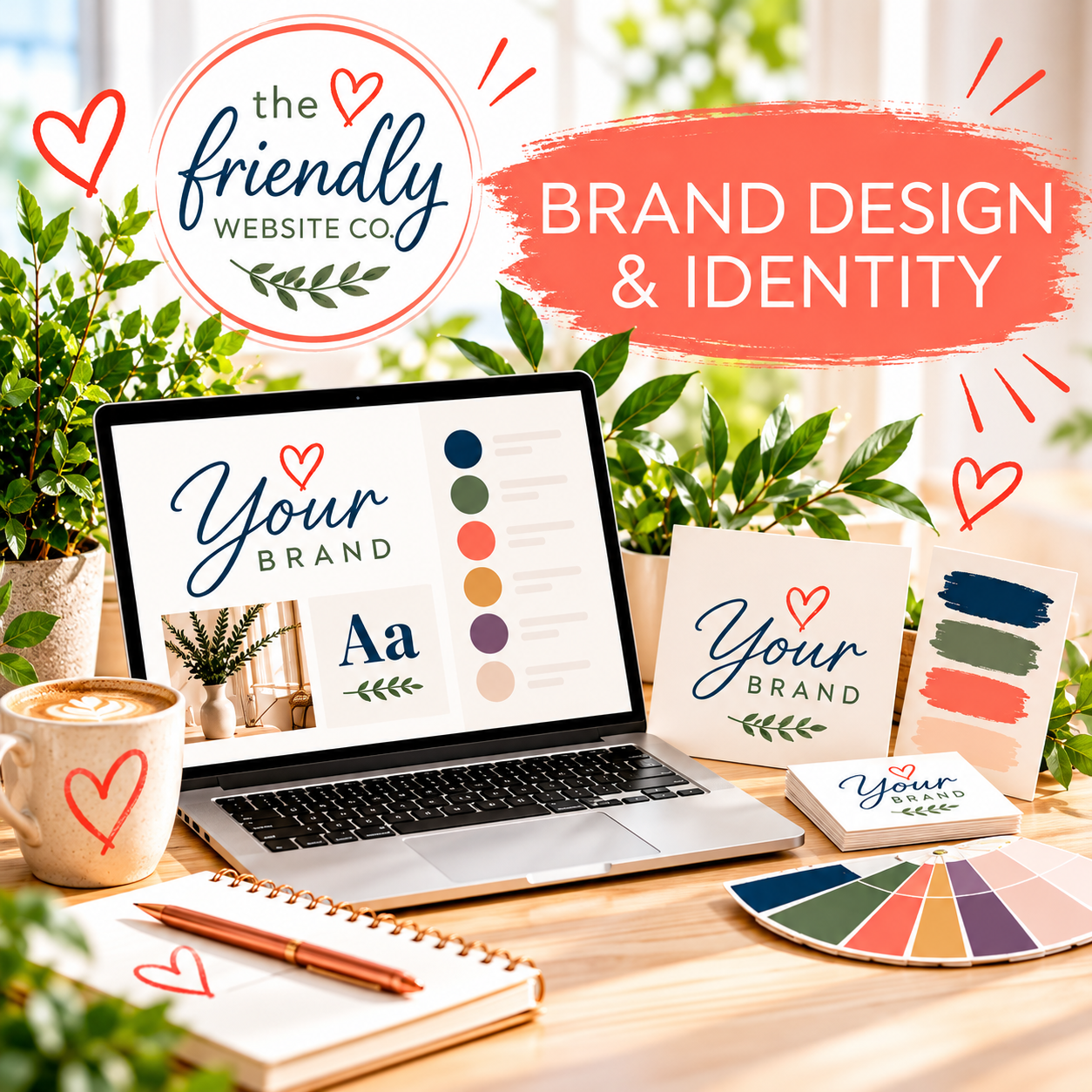 Small Business Branding & Logo Design Packages | The Friendly Website Co. Coordinated brand identity design featuring a custom botanical logo, colour palettes, business cards, stationery and digital branding displa