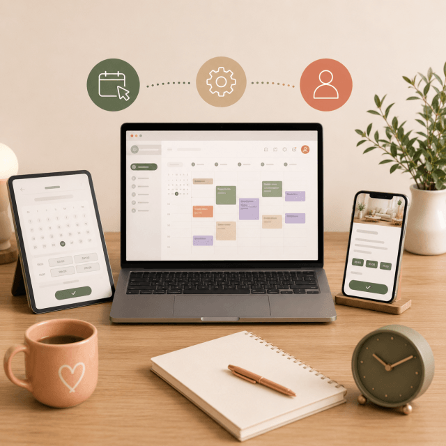 Online appointment booking system displayed on digital devices, showing a calendar for managing appointments, customer bookings and availabi