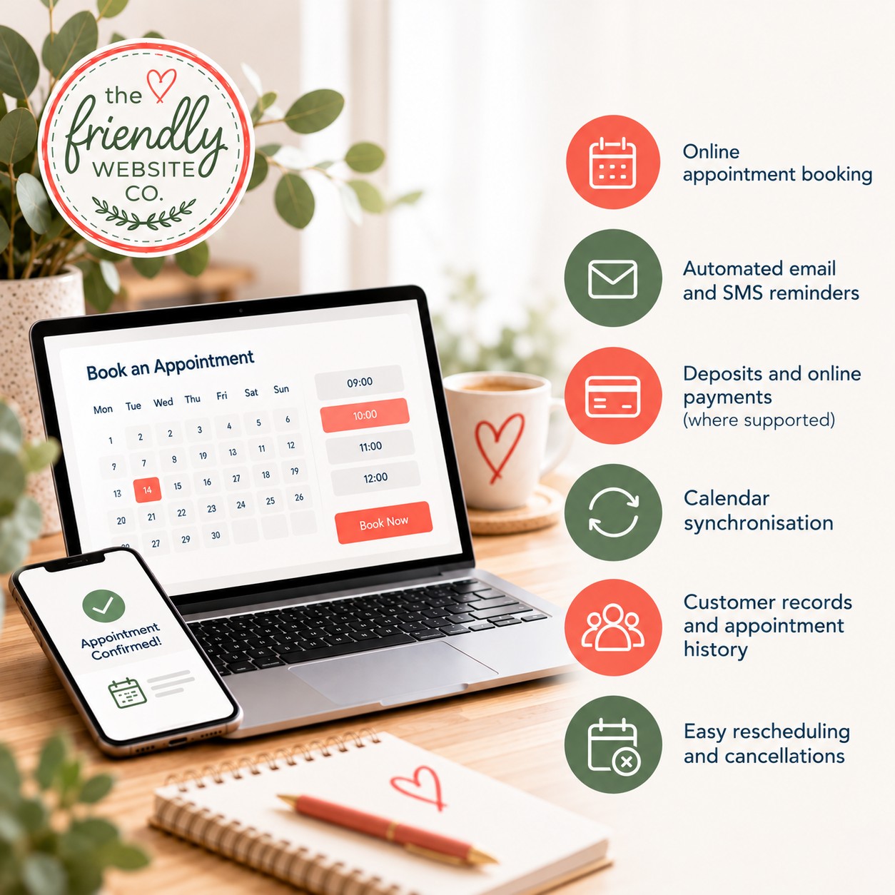 Appointment Booking Software Features for Small Businesses Laptop displaying an appointment booking calendar beside a smartphone confirming a booking, with icons highlighting online scheduling