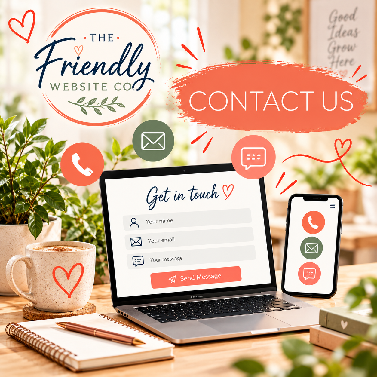 Social media content planning workspace featuring a laptop with branded posts, a smartphone displaying a social media feed and a monthly