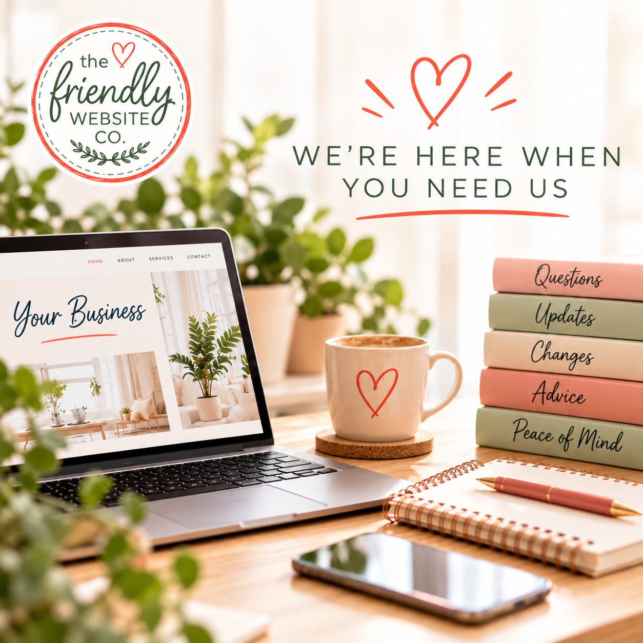 Affordable Monthly Website Support Plans for Small Businesses Laptop displaying a professional business website, with icons illustrating content updates, security, technical assistance, email support an