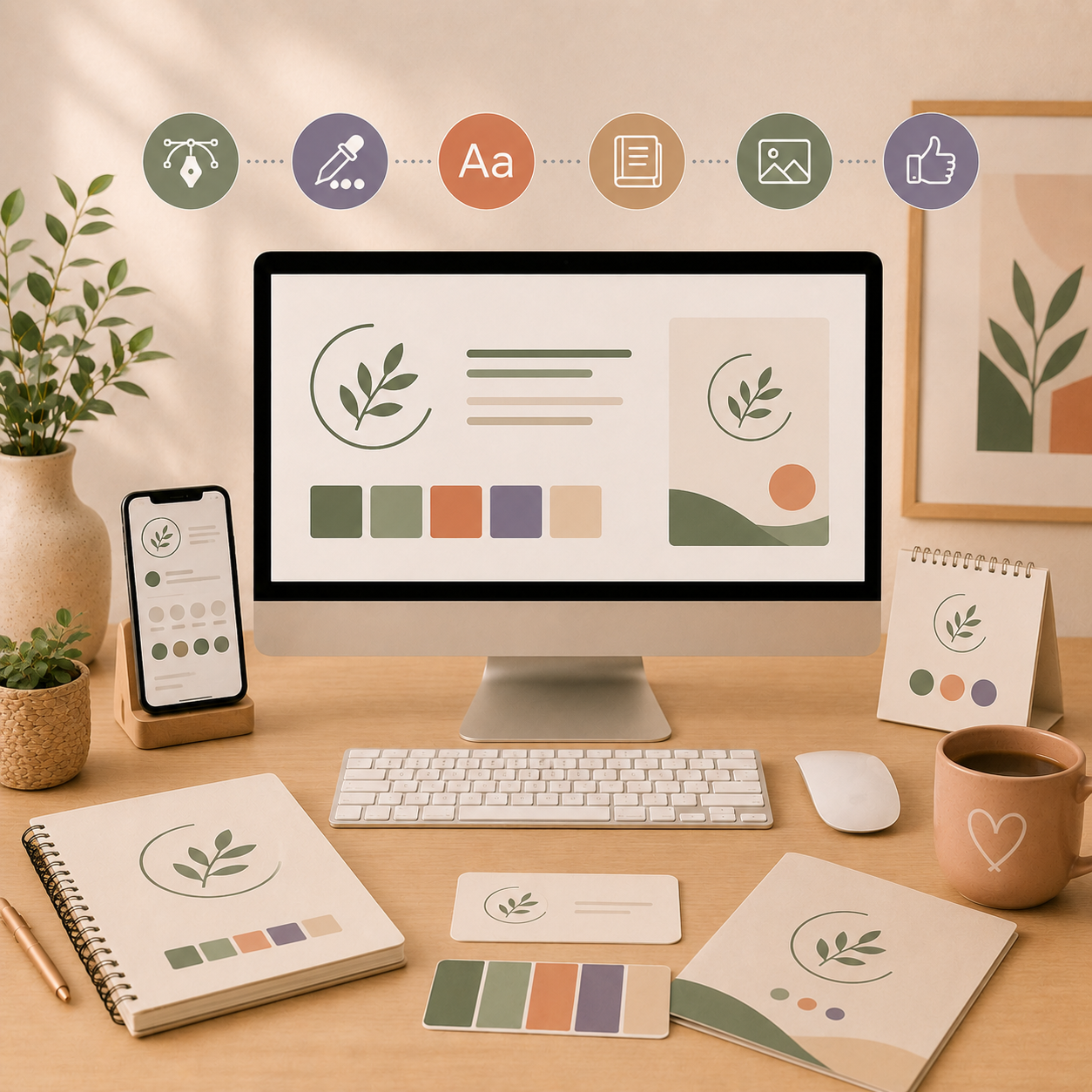 A workspace showcasing branding materials, featuring a computer, notebook, and plants.