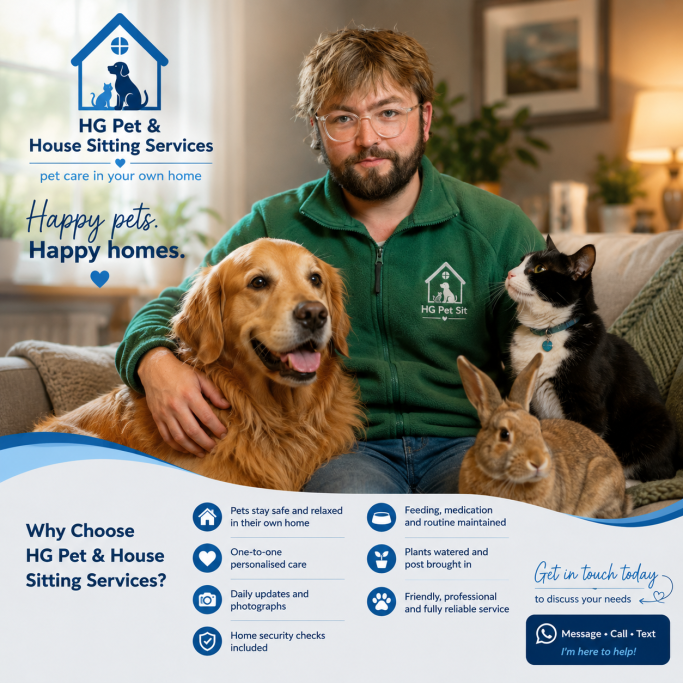 A man sits with a dog and cat, promoting pet and house sitting services.