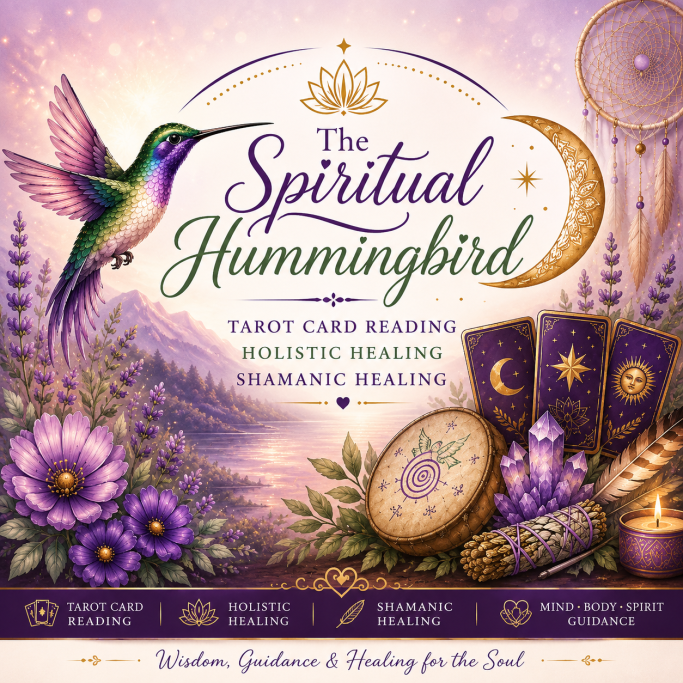 A vibrant hummingbird among flowers and tarot cards, symbolising spiritual guidance.