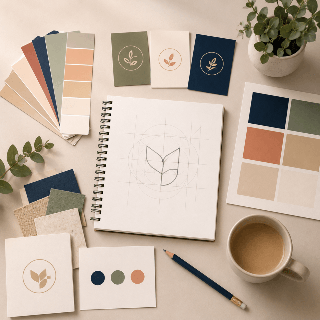 Brand identity design workspace featuring a hand-drawn logo, colour palettes, business cards and creative branding materials.